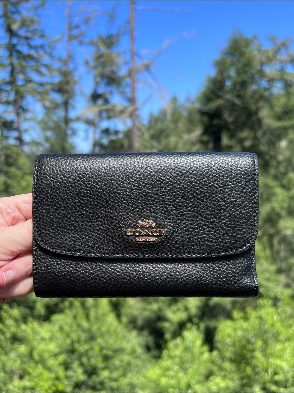 COACH Black Pebbled Leather Medium Trifold Wallet Gold Hardware AUTHENTIC
